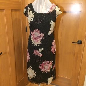 AGB Lined Black Print Dress w High Low Hem  14